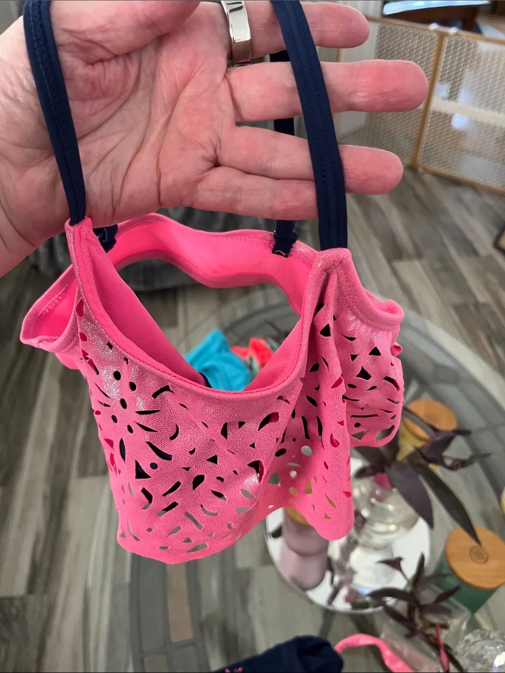 Justice Pink Laser-Cut Ruffle Bikini with Navy Bottoms